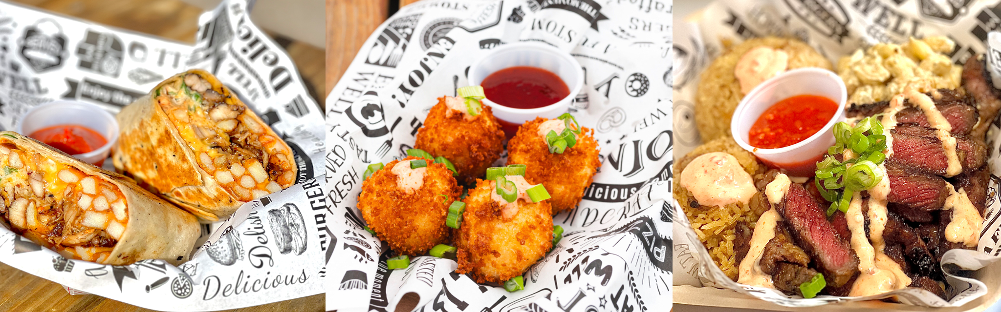 Food in baskets with parchment paper.